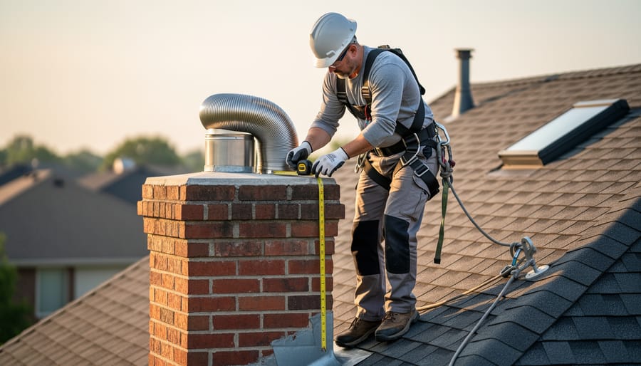 Technician on a residential roof installing a stainless steel liner into a red brick chimney while measuring clearances with a tape measure; safety harness and nearby rooftops visible under soft afternoon light.