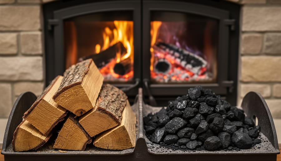 Close-up of wood logs and coal pieces being arranged on stove grate