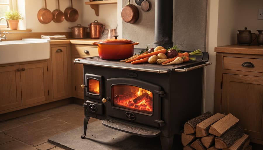 Cast iron pot on vintage wood cookstove with root vegetables braising