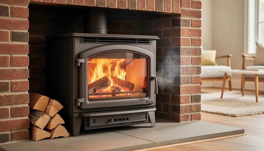 Wood stove insert installed in brick fireplace with burning fire visible through glass door