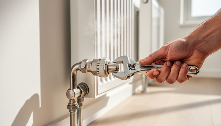 Close-up of hands adjusting lockshield valve on radiator with wrench