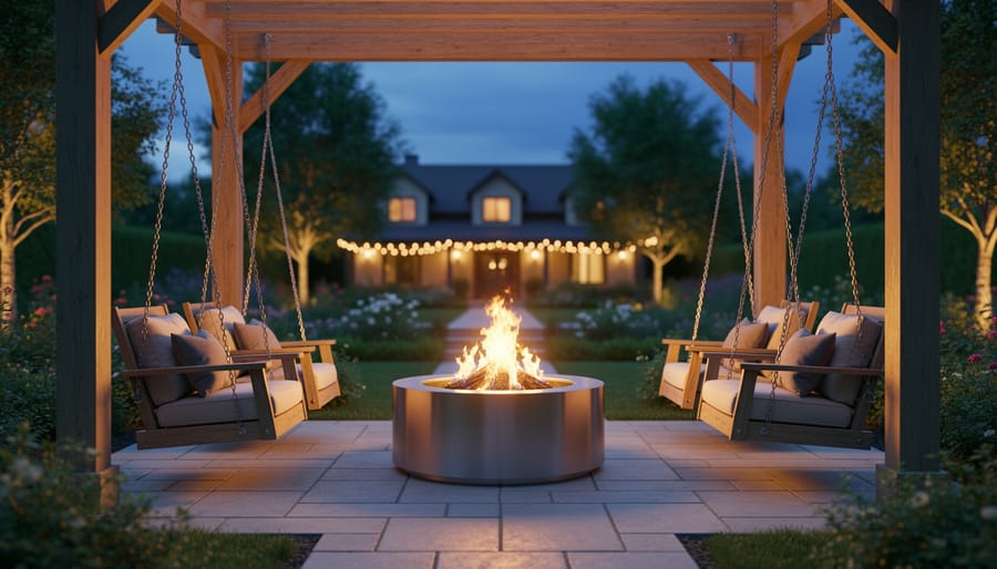 Circular steel fire pit burning beneath a wooden pergola, four wooden porch-style swings evenly spaced around it on stone pavers at twilight, with landscaped garden and a string-lit house softly visible in the background.