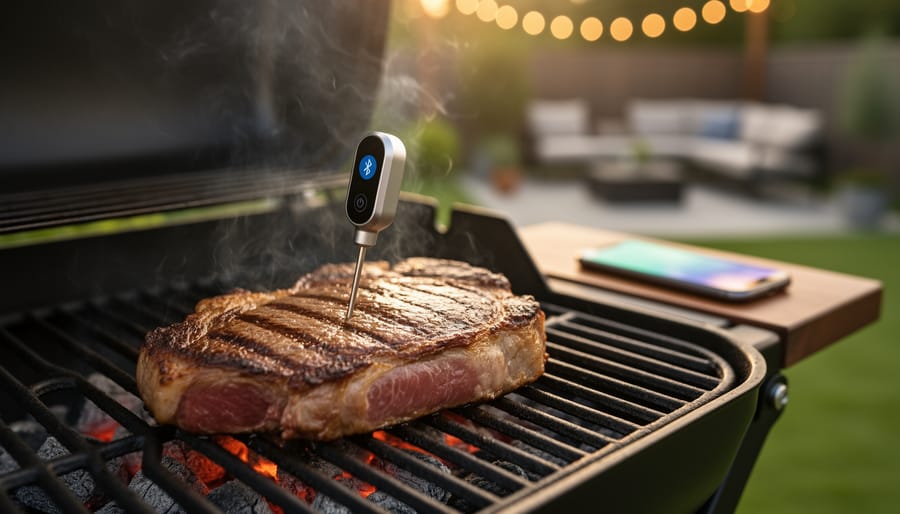 Close-up of a thick steak on a charcoal grill with a Bluetooth thermometer probe inserted, smoke rising in warm golden hour light, with a blurred smartphone and backyard patio in the background.