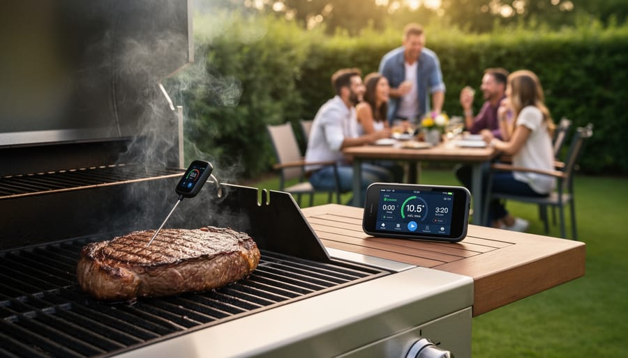 Bluetooth meat thermometer probe in steak on grill with smartphone showing temperature app