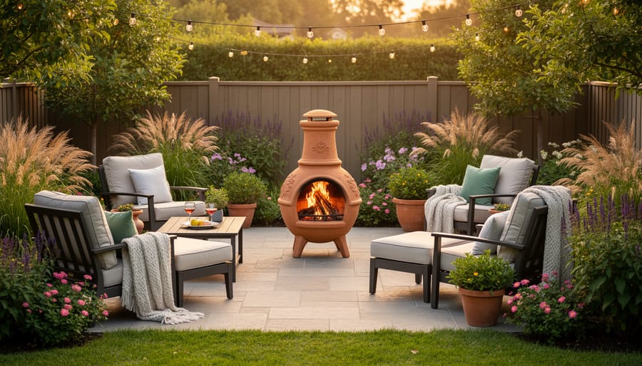 Chiminea positioned as centerpiece of circular patio seating area with comfortable outdoor furniture