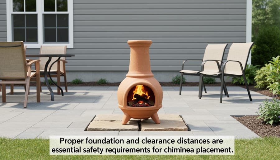 Overhead view of chiminea on heat-resistant stone base showing safe clearance from structures