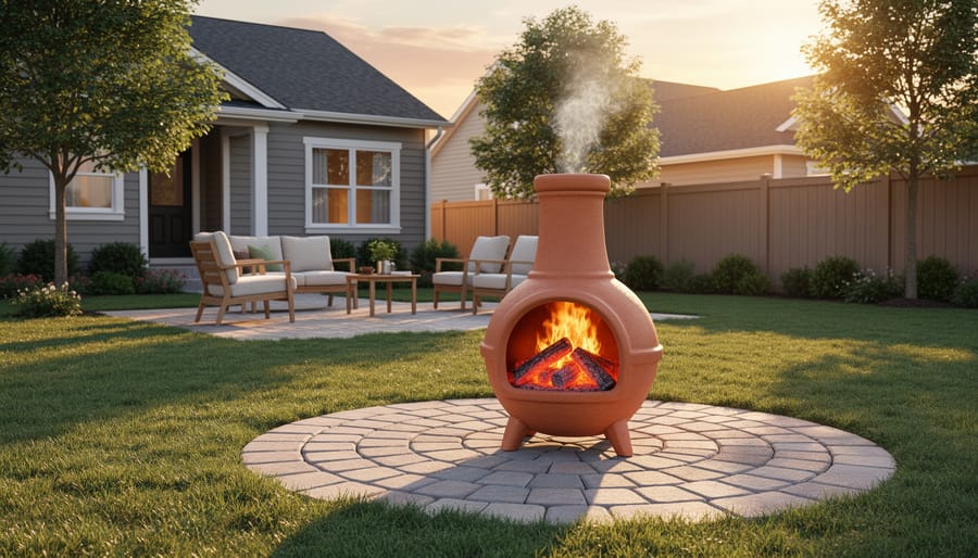 Terracotta chiminea burning gently on a circular stone paver pad in a backyard, positioned well away from the house and trees with a clear perimeter free of furniture; seating set farther back as smoke drifts away in warm evening light.