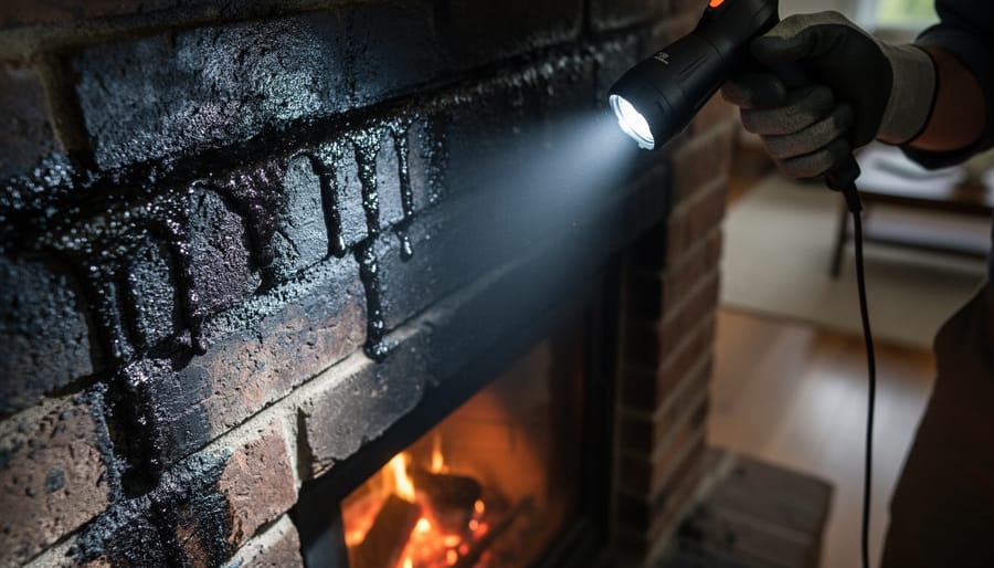 "Close-up inside a brick chimney showing thick, shiny creosote deposits illuminated by a gloved chimney sweep’s flashlight, with a softly blurred fireplace opening below."