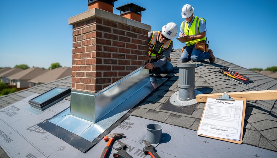 Roofing professional inspecting chimney flashing during roof replacement