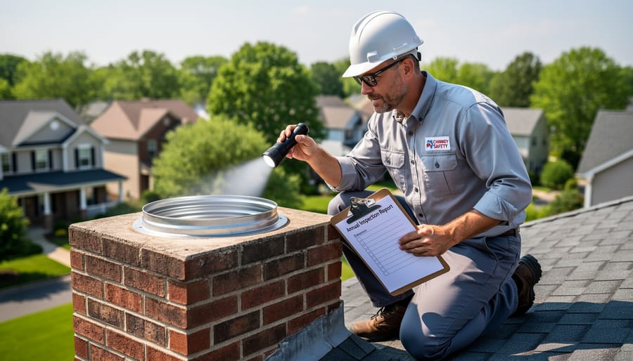 Chimney professional inspecting interior of stainless steel chimney liner with camera