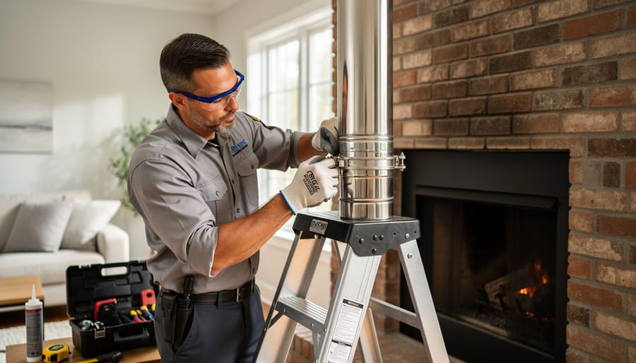 Professional installer connecting chimney liner cap at top of masonry chimney