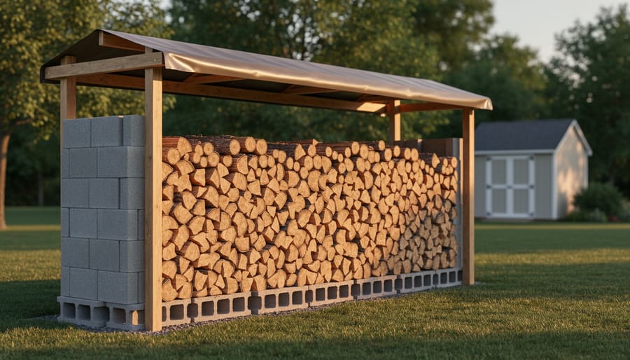 Stacked split firewood elevated on cinder blocks set on edge, visible airflow gaps beneath, cinder block end piers supporting a basic roof frame covered by a taut tarp, photographed at golden hour in a backyard.