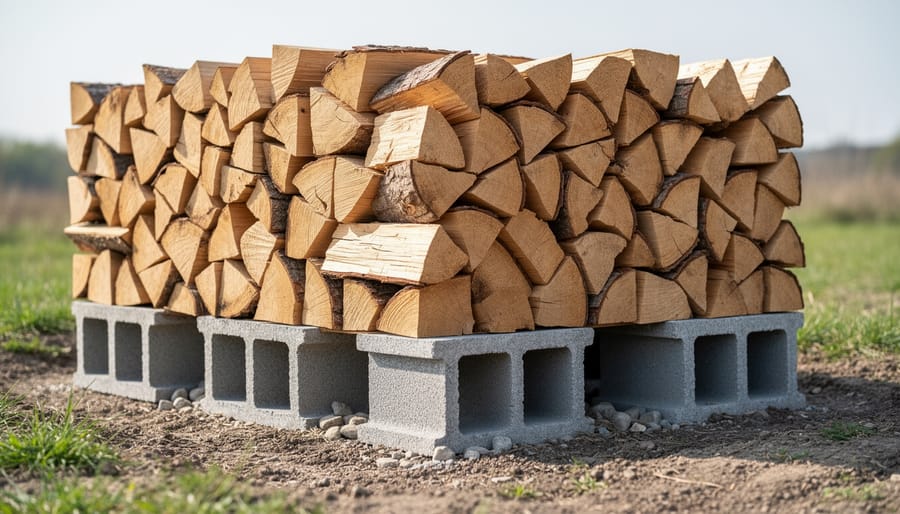 Cinder blocks arranged in parallel rows on gravel creating firewood storage foundation