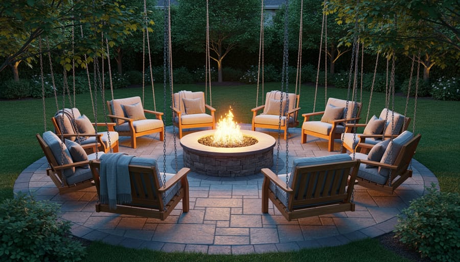 Circular swing fire pit with wooden bench swings arranged around central stone fire pit at dusk