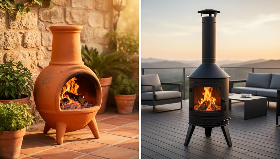 Traditional clay chiminea and modern cast iron chiminea displayed side by side on patio