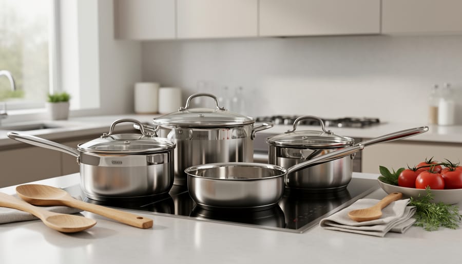 Copper cookware and wooden cutting boards hanging on rustic kitchen wall