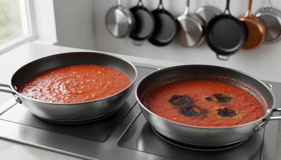 Two frying pans on a modern stove, one with evenly simmering tomato sauce and the other with burnt hotspots, with cast iron, stainless, and nonstick pans blurred on a rack behind.