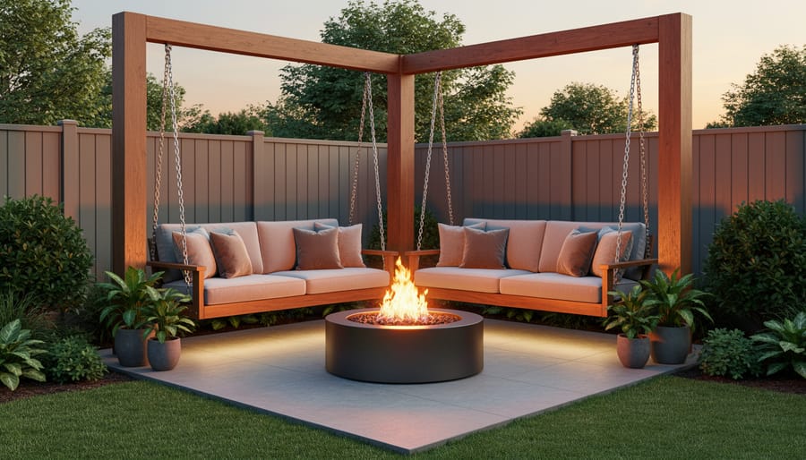 Corner configuration swing fire pit with L-shaped swing arrangement in compact backyard space