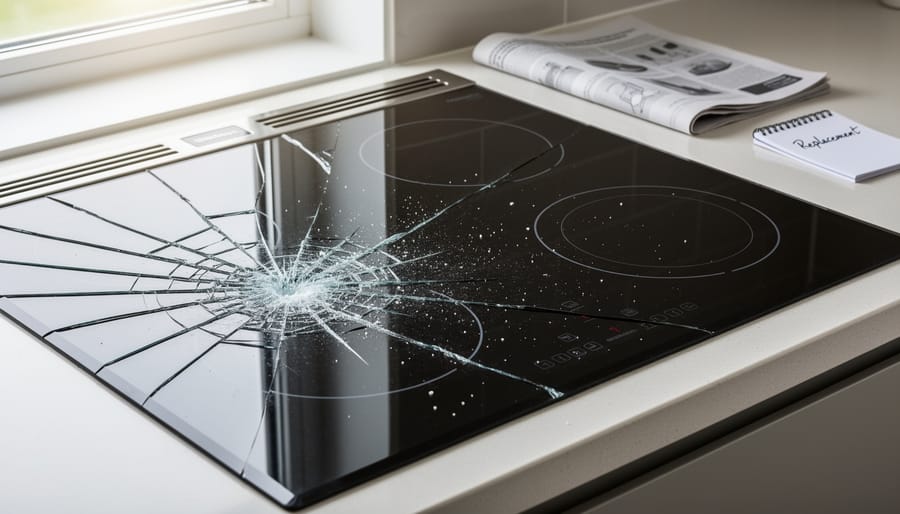 Damaged electric glass cooktop with visible cracks and surface damage