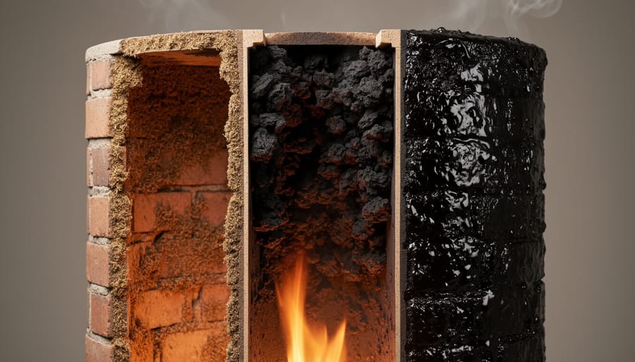 Close-up view of black creosote buildup on interior chimney wall showing textured surface