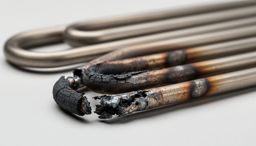 Close-up of damaged electric stove heating element showing burn marks and broken coil