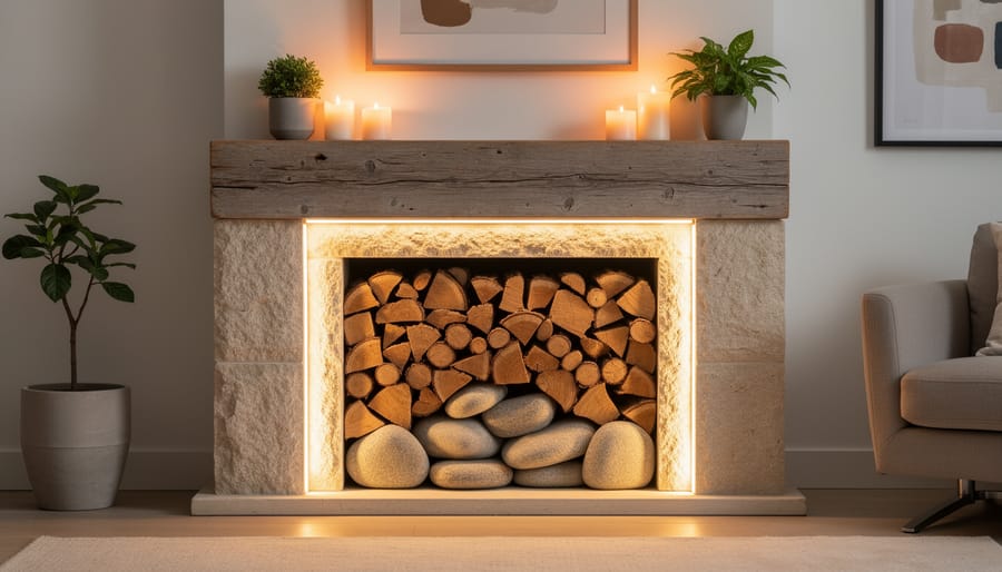 Decorative fireplace display with driftwood, dried grasses, and LED candles creating warm ambiance