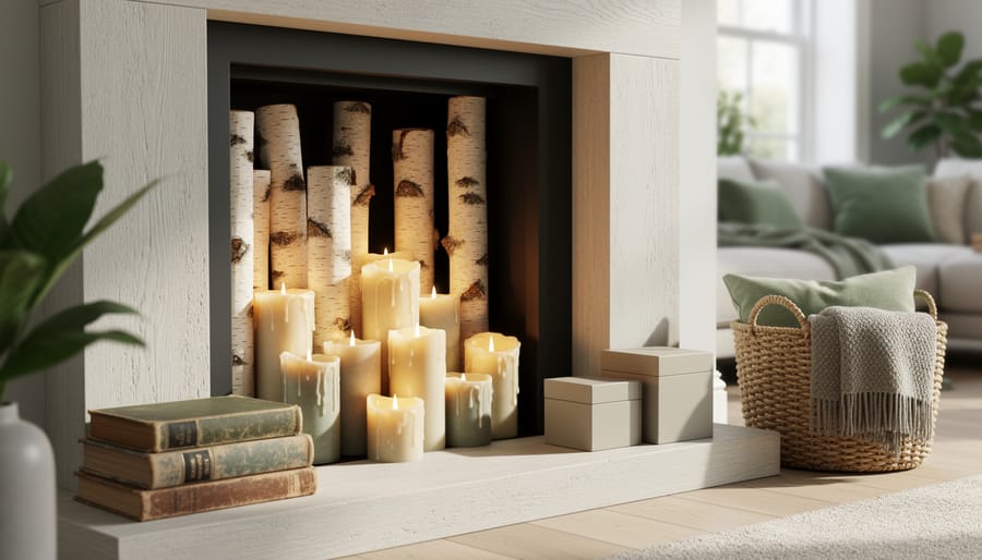 Straight-on view of a non-functional fireplace filled with pillar candles and vertical birch logs, with vintage books, decorative boxes, and a woven basket on the hearth, softly lit by natural daylight and a blurred living room in the background