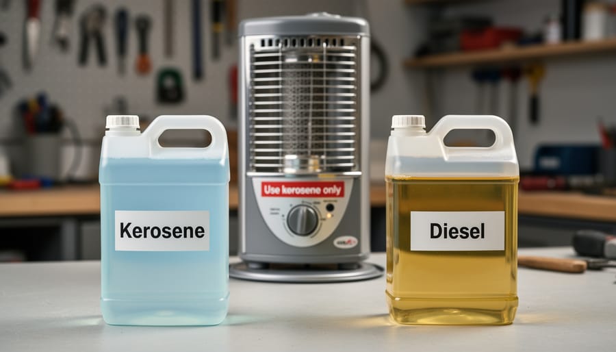 Two fuel containers showing diesel and kerosene side by side in workshop setting