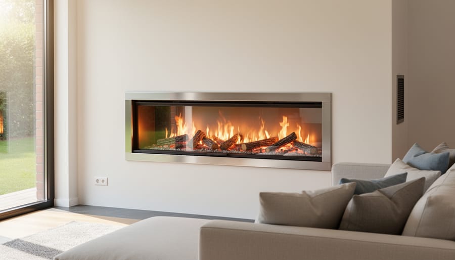 Direct vent gas fireplace with sealed combustion chamber and external air intake
