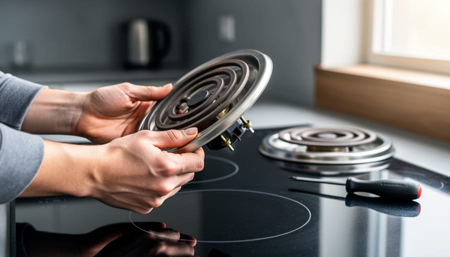 Close-up of hands lifting a removable coil burner from an electric cooktop, with a new unbranded element and screwdriver blurred on the counter in a modern kitchen under soft natural light