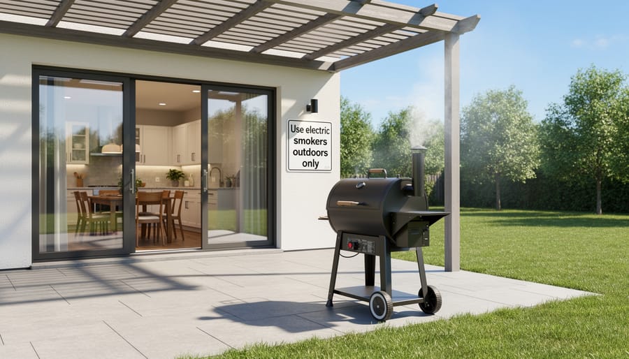 Electric smoker positioned safely outdoors on deck with proper ventilation