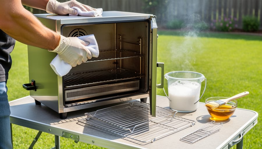 Person cleaning and seasoning electric smoker interior before first use
