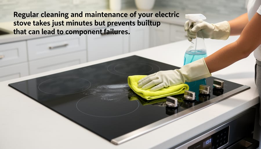 Hand cleaning electric glass-top stove with microfiber cloth during routine maintenance