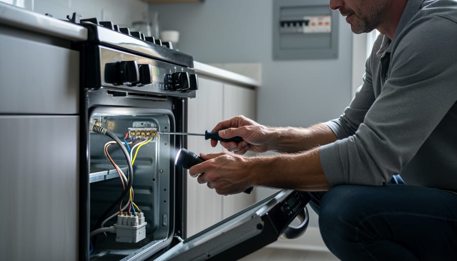 Person crouching behind a pulled-out electric stove, shining a flashlight on the power cord and terminal block while the stove is off, with a modern kitchen softly blurred in the background.