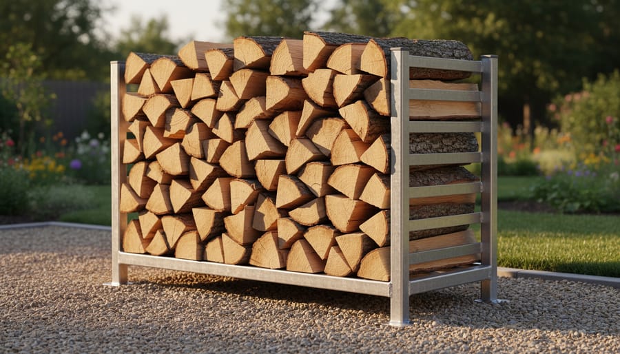 Close-up of seasoned firewood elevated on rack showing ground clearance and dry wood texture