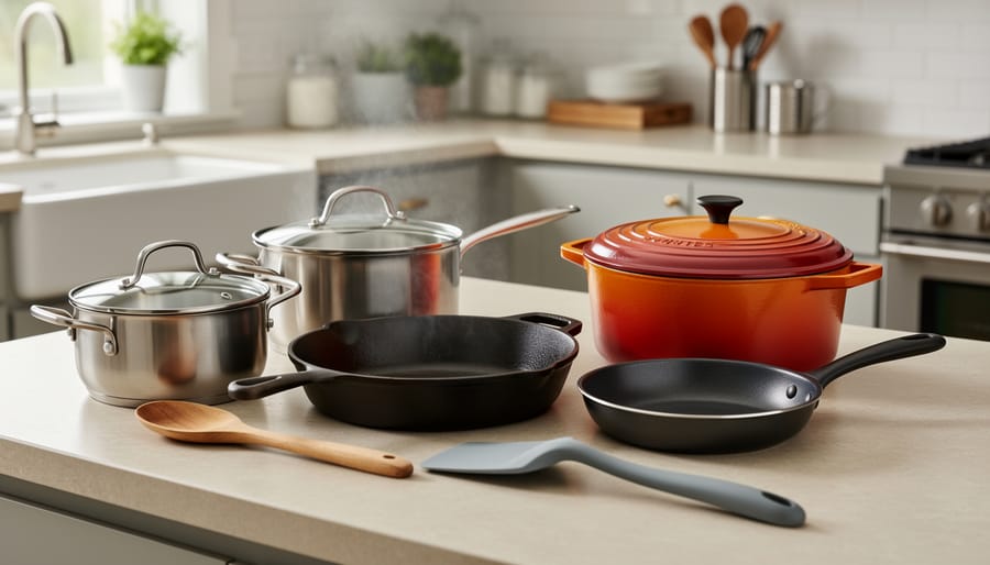 Essential cookware pieces including stockpot, sauté pan, and saucepan on wooden table