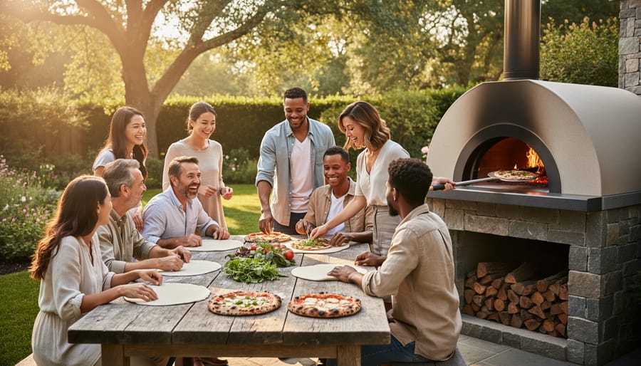 Family gathered around outdoor pizza oven during sunset cooking together