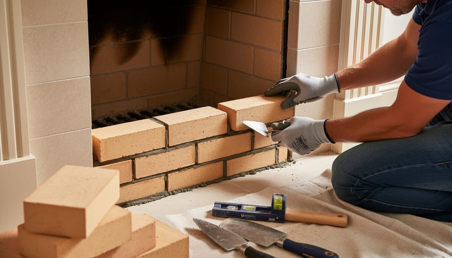 Mason's hands laying firebrick with mortar inside outdoor fireplace firebox construction