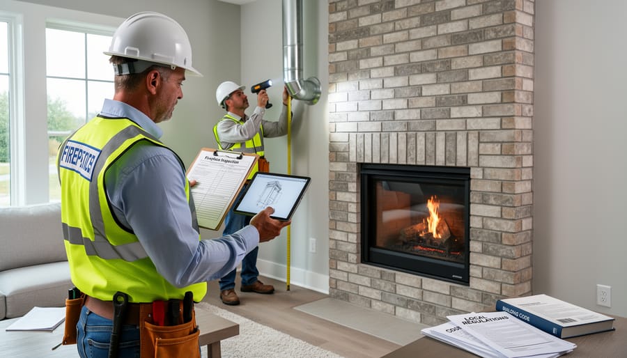 Building inspector examining exterior brick chimney structure with clipboard