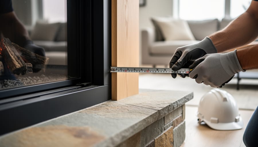 Installer’s gloved hands measuring the distance from a modern gas fireplace opening to wooden trim, stone hearth extension visible, softly lit living room blurred in background, emphasizing safe code-compliant clearances.