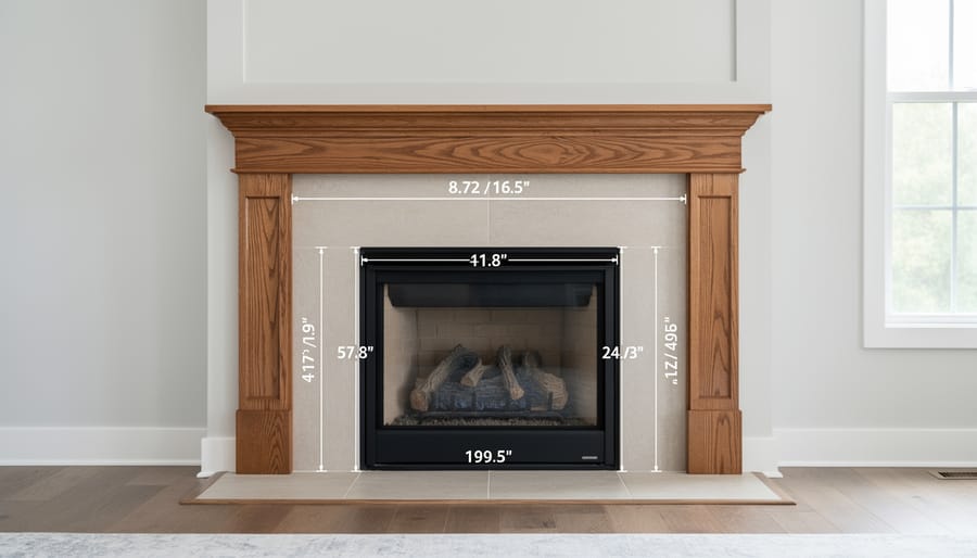 Measuring tape showing clearance distance from fireplace opening to mantel