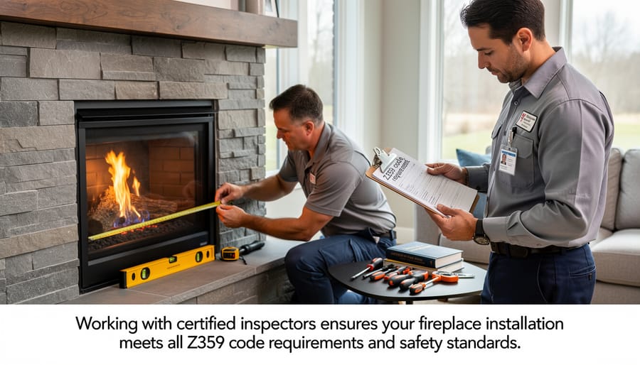 Professional inspector examining fireplace installation for code compliance