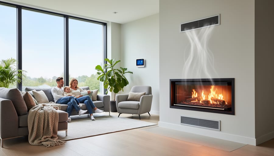 Contemporary living room with burning fireplace showing warm interior atmosphere