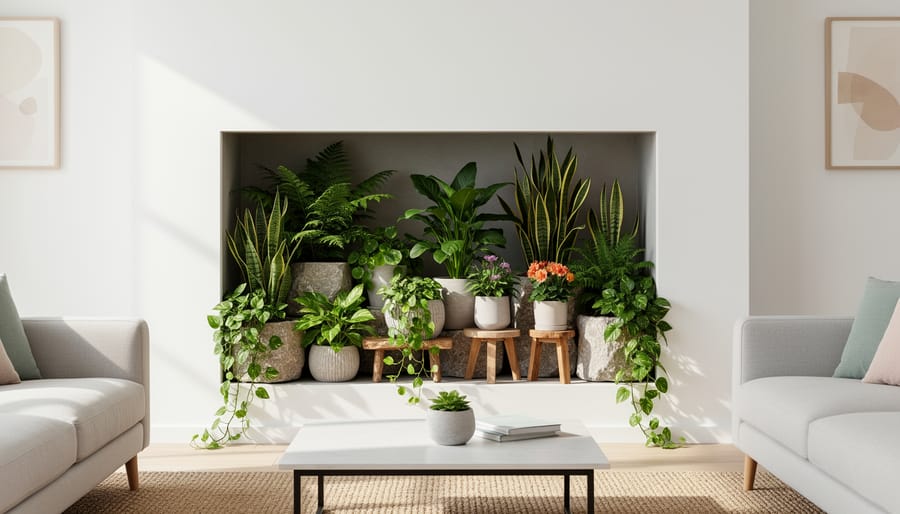 Fireplace converted to indoor plant display with ferns and houseplants in terracotta pots