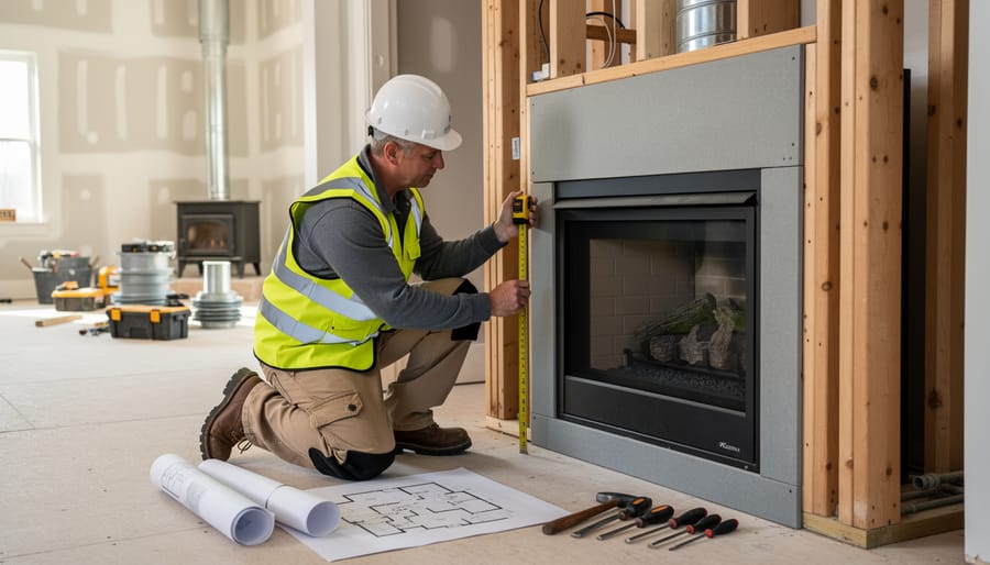 Building inspector in safety vest kneels by an unfinished fireplace, using a tape measure to check clearances; rolled blueprints and chimney vent components lie on the floor in a partially renovated living room lit by natural daylight.