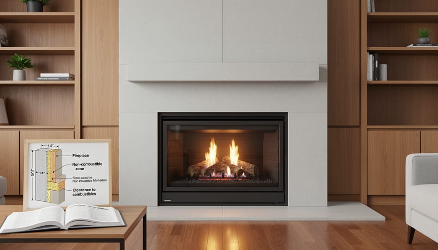 Modern gas fireplace properly installed with required clearances to surrounding walls
