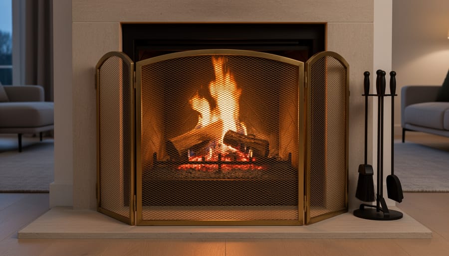 Eye-level view of a wood-burning fireplace with flames safely contained behind a fine-mesh brass spark guard, with a softly blurred rug, hearth tools, and sofa in the background.