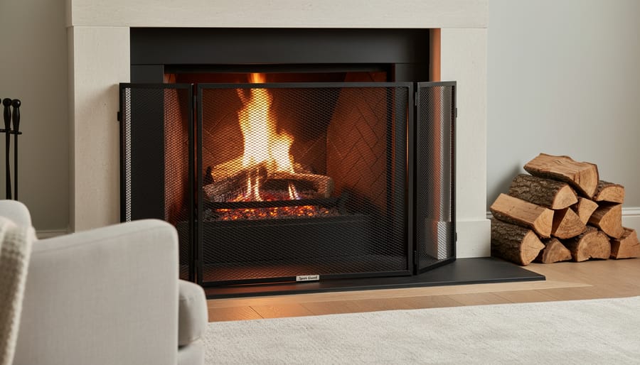 Brass mesh fireplace spark guard positioned in front of active burning fireplace