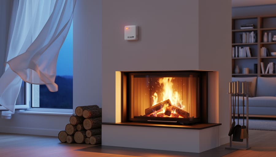 Modern living room with a wood-burning fireplace, slightly open window with sheer curtains, wall-mounted carbon monoxide detector near the mantle, and neatly stacked firewood and chimney tools under mixed warm and cool lighting, suggesting ventilation for better indoor air quality.