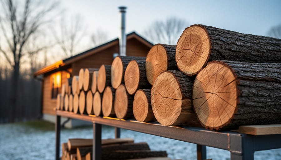 Close-up of seasoned hardwood logs neatly stacked in a single row on a raised rack, dry end-grain facing the camera in warm golden light, with a blurred winter yard, cabin window glow, and metal chimney in the background.